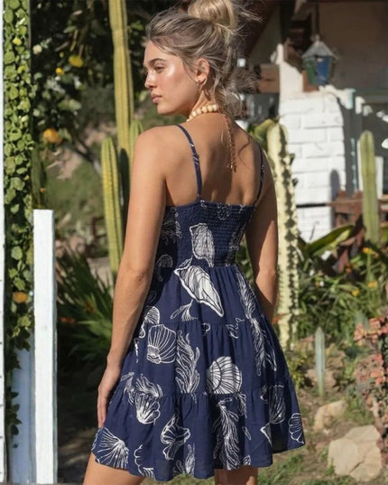 Seashell Printed Spaghetti Strap Smocked Back Mini Dress
