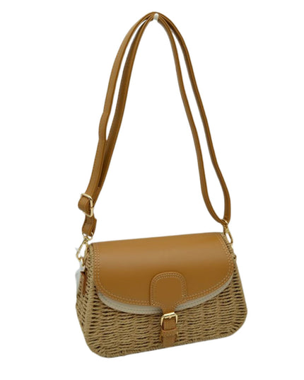 Belt Closure Leather & Structure Straw Crossbody Bag