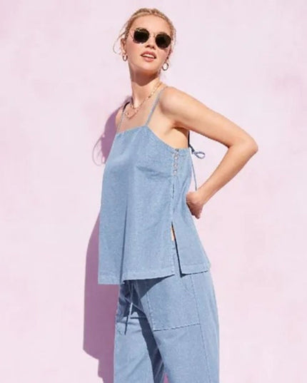 Button Side Linen Split Open Tank Top