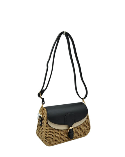 Belt Closure Leather & Structure Straw Crossbody Bag