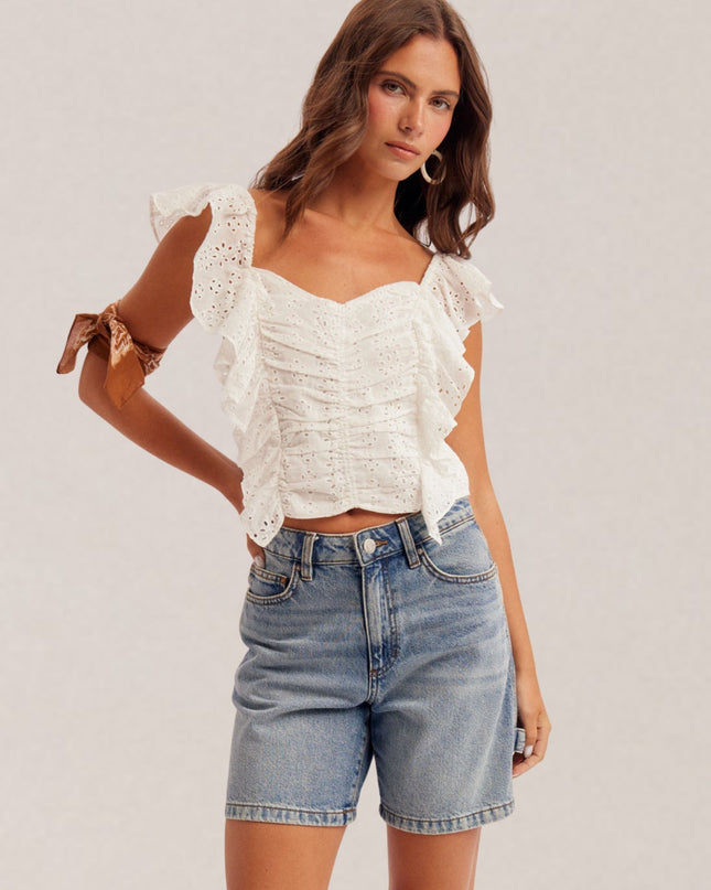 Eyelet Ruched Detail Ruffle Sleeveless Smock Back Sweatheart Crop Top