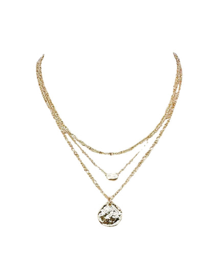 Hammered Disc Rectangle Bead Triple Layered Chain Necklace