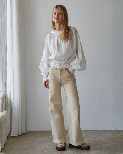 Jocelyn Embroidered Eyelet Trim Smocked Waist Long Sleeve Top