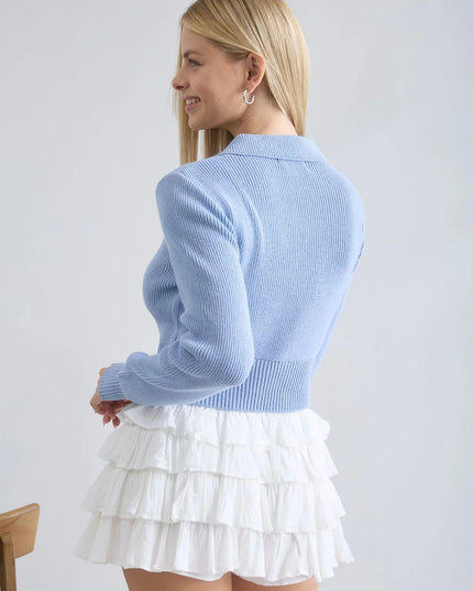 Collared Front Tie Cropped Cardigan Sweater
