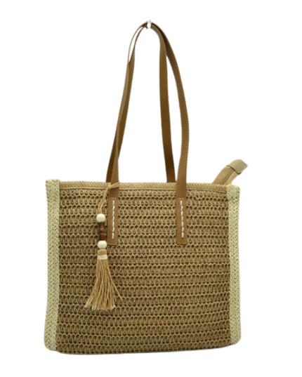 Beaded Tassel Straw Tote Bag