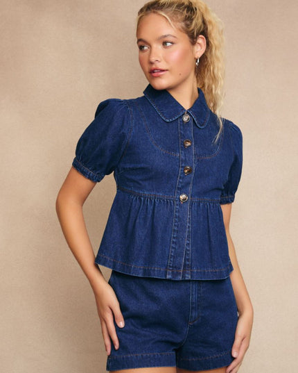 Collared Puff Short Sleeve Denim Top
