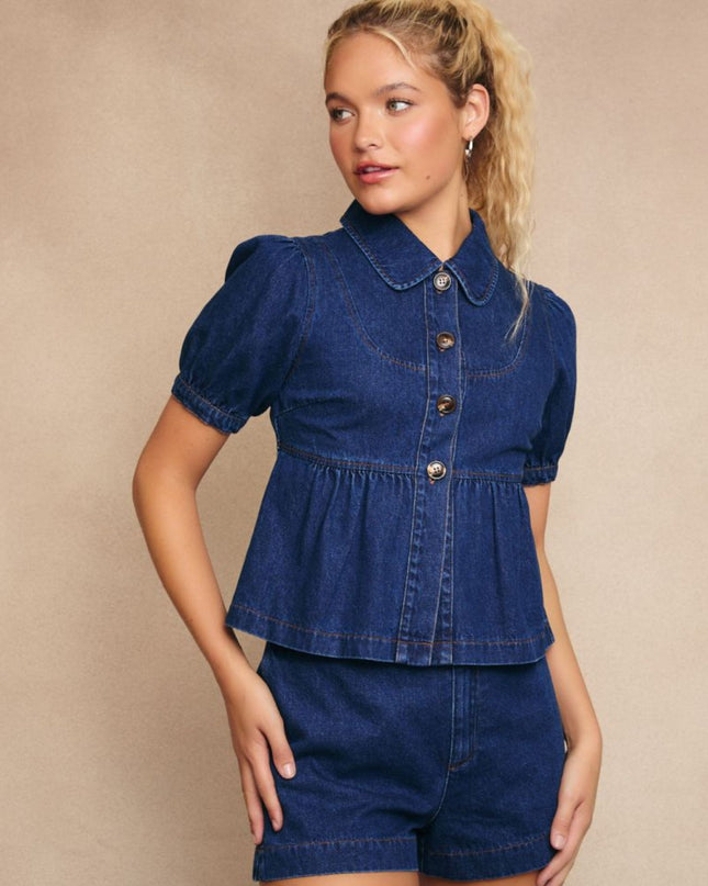Collared Puff Short Sleeve Denim Top