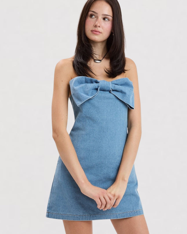 Bow Detail Denim Sleeveless Tube Mini Dress