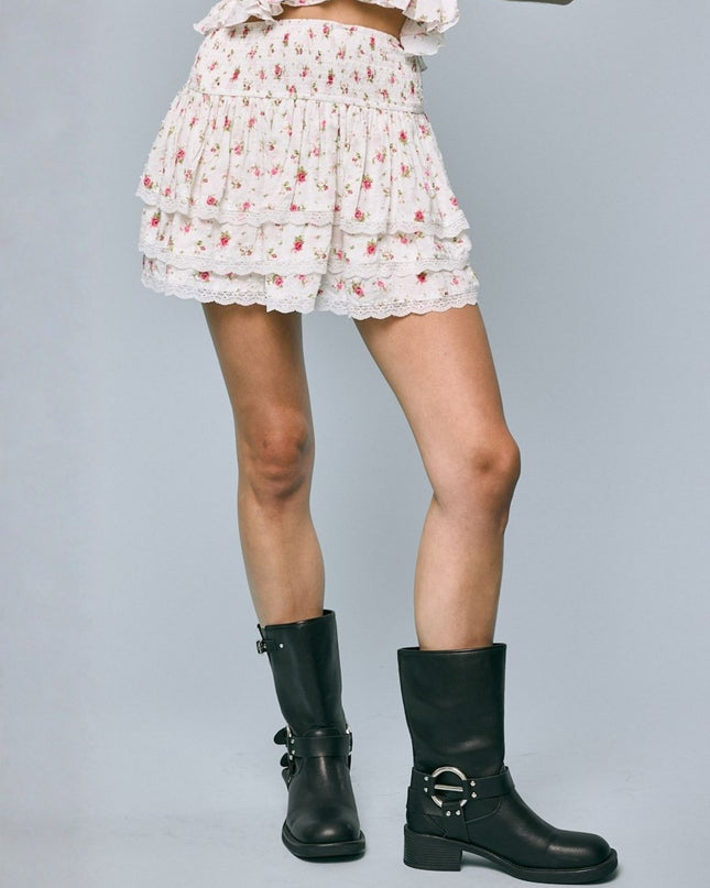 Rose Floral Smocked Triple Tiered Lace Mini Skirt