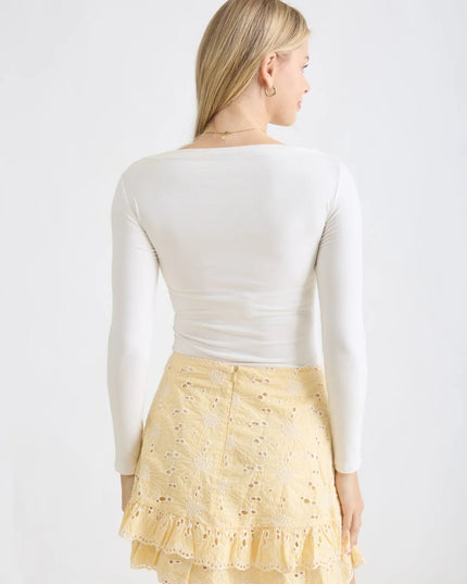 Boat Neck Pintuck Fitted Long Sleeve Top