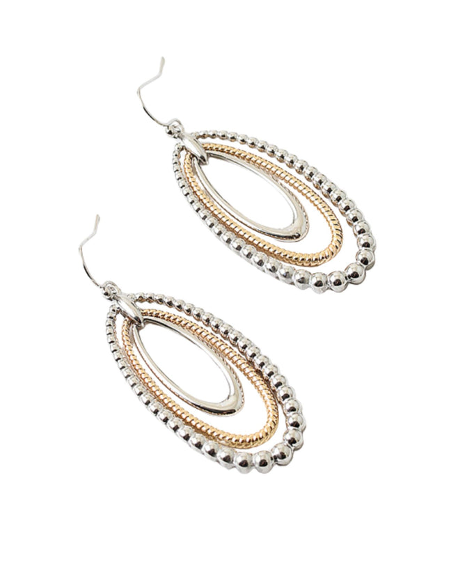 Two Tone Ball Bead Textured Metal Layered Oval Earrings