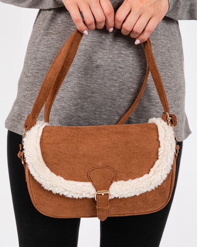 Buckle Closure Fleece Trimmed Crossbody Bag