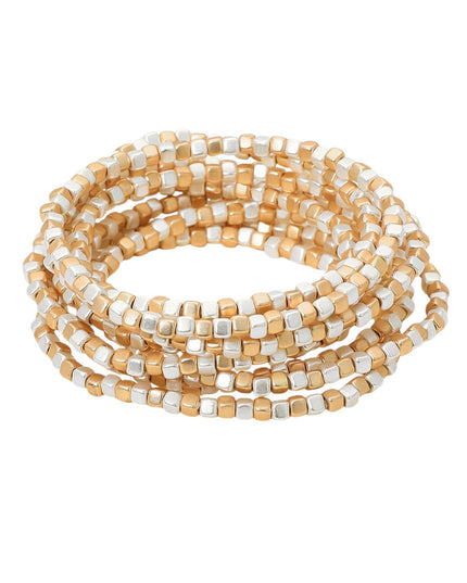 Metallic Square Cube Beaded Stretch Layered 9 Bracelet Set