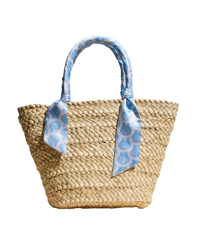 Shell Print Scarf Wrapped Handle Raffia Tote Bag