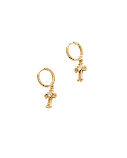 Center CZ Stone Pave Cross Charm Drop Mini Huggie Hoop Earrings