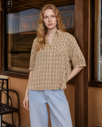 Plaid Half Sleeve Collared Button Down Top