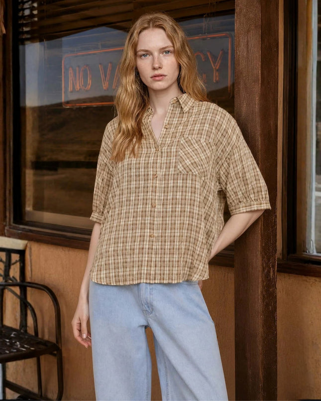 Plaid Half Sleeve Collared Button Down Top