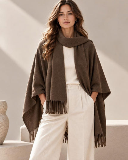 Fringe Trim Oversized Scarf Poncho