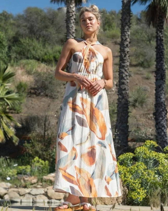 Twist Knot Halter Neck Leaf Printed Tie Back Maxi Dress