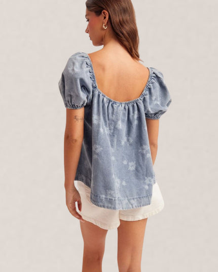 Floral Print Bubble Short Sleeve Denim Tunic Top