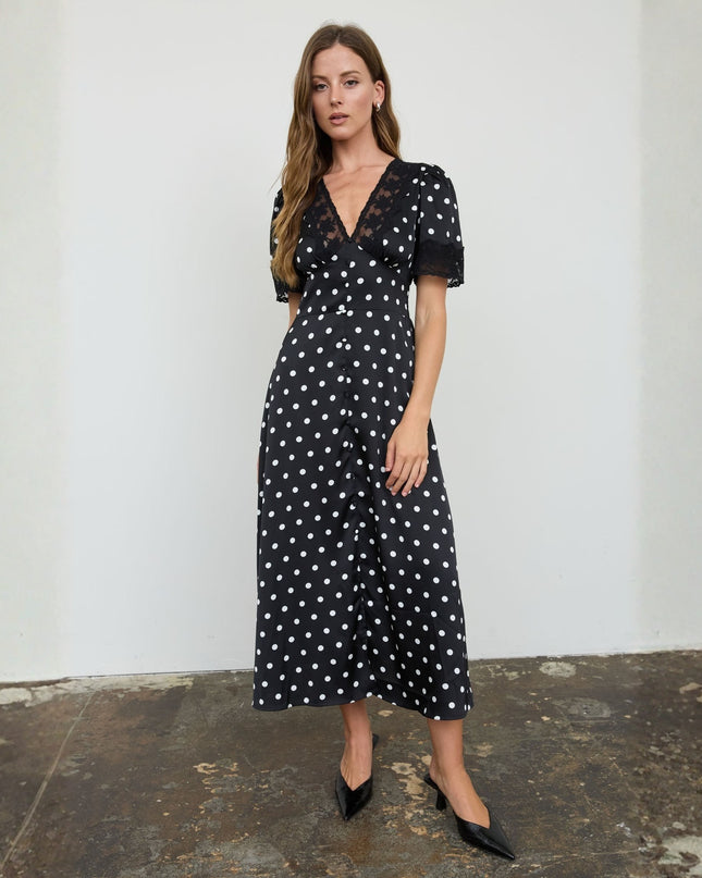 Polka Dot Lace Trim V Neck Button Down Short Sleeve Midi Dress