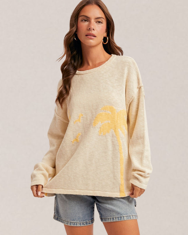 Palm Tree Motif Drop Shoulder Sweater