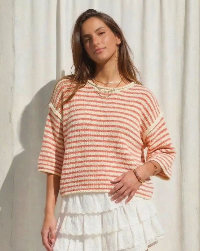 Striped 3/4 Sleeve Crew Neck Sweater