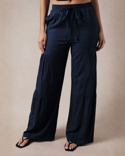 Linen Paneled Tiered Elastic Tie Waist Pants