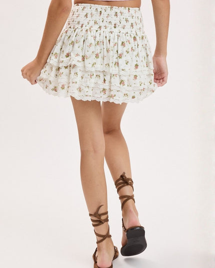 Floral Smocked Triple Tiered Lace Mini Skirt